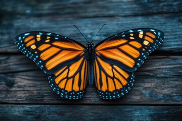 Fototapeta premium A vibrant monarch butterfly with orange and black wings, adorned with turquoise spots, rests on dark wood.