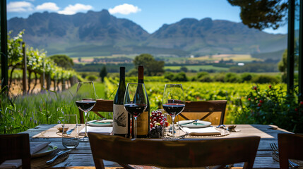 Wine glasses are on a table in front of a beautiful landscape