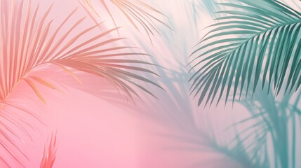 Naklejka premium Tropical palm leaf shadows cast on a gradient background, blending soft pink and mint colors in a tropical vibe.