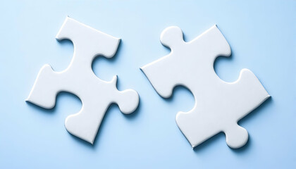 Obraz premium Two white puzzle pieces matching together against a light blue background.