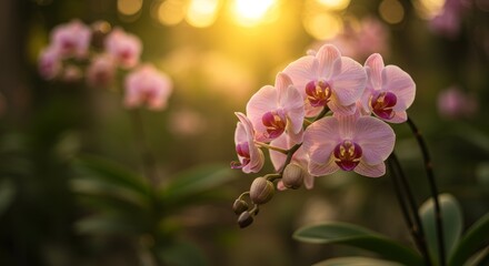 Obraz premium Orchid Sunset Bloom - Pink orchids bathed in the warm golden light of a sunset. Beautiful floral nature