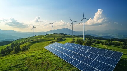 Wind turbines and solar panels sit in a vibrant green landscape, symbolizing renewable energy and sustainability.