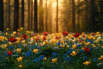 Vibrant wildflowers bloom in a sun-drenched forest clearing, creating a magical scene.