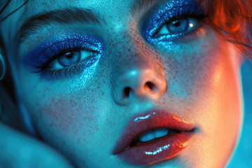 Fototapeta premium Close-up of a freckled face with vibrant blue glitter eyeshadow and glossy lips, illuminated by neon lights.