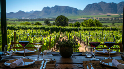 Wine glasses are on a table in front of a beautiful landscape