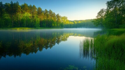 Fototapeta premium Still Lake Reflecting Trees and Fog in Early Morning Light