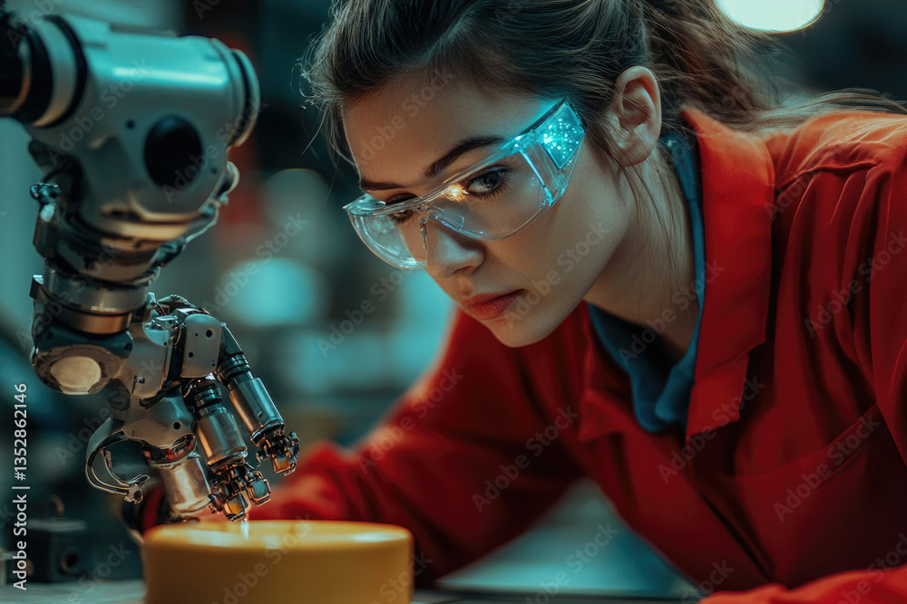 Poster a female engineer meticulously examines a robotic arm's intricate movements during a precision opera