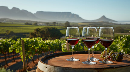 Wine glasses are on a table in front of a beautiful landscape