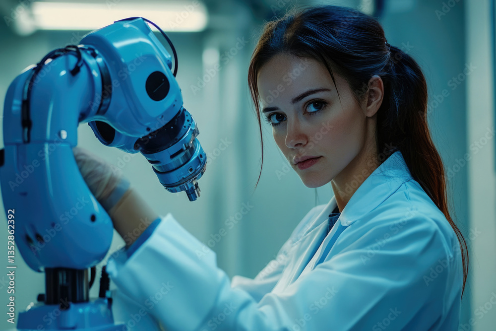 Poster A female engineer intently focuses on operating a state-of-the-art robotic arm in a high-tech industrial setting.