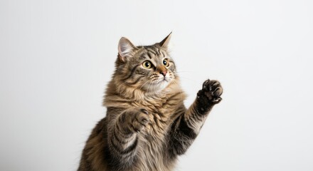 Playful Fluffy Tabby Cat Reaching Up - A curious and energetic tabby cat playfully lifts its paws, symbolizing fun, curiosity, playfulness, energy, and feline charm