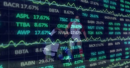 Stock market data animation overlaying soccer players playing on field - Powered by Adobe
