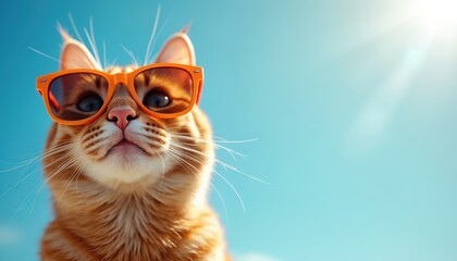 Stylish orange cat wearing sunglasses enjoying sunny day. Clear blue sky background, brightness. Funny feline portrait, quirky humor. Cat on vacation, summer vibes, eyewear.