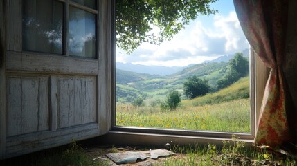 Fototapeta premium Peeking Through a Rustic Window A Serene View of Rolling Hills and Lush Greenery with Wildflow