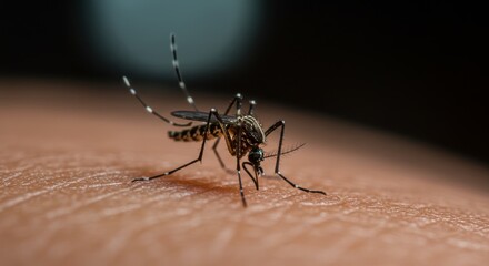 Aedes Aegypti Mosquito Feeding on Human Skin at Dusk - Close-up of an Aedes aegypti mosquito feeding, showcasing its delicate structure and the contrast against human skin. Symbolizing disease