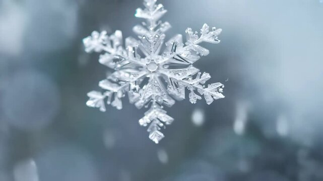 Close-up of a single snowflake with intricate details against a blurred winter background.