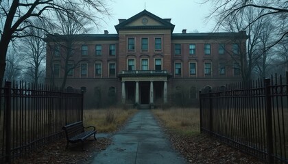 Old psychiatric hospital exterior. Abandoned building redbrick facade, guarded by iron fence. Cloudy, gloomy day. Foreboding, eerie atmosphere. Mental health, medicine, therapy concepts. Building