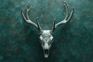 Fototapeta premium Snow-dusted deer skull with antlers against a dark teal background.