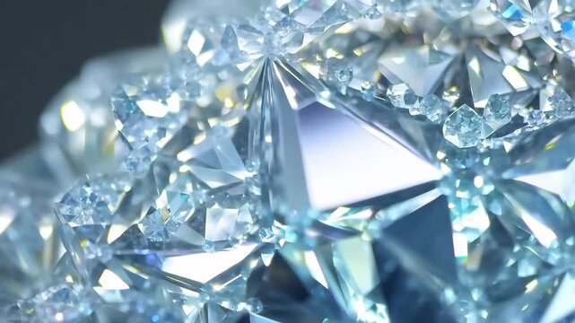 Close-up view of intricate, sparkling crystal formations with various facets reflecting light, creating a dazzling display of colors and shapes.