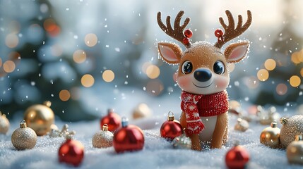 Cute reindeer in snowy Christmas scene with ornaments.