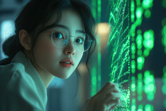 A young woman with glasses studies a screen filled with green coding, a futuristic scene.