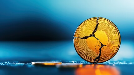 A broken golden cryptocurrency coin is displayed against a blurred background, symbolizing financial instability and the volatile nature of digital currencies.