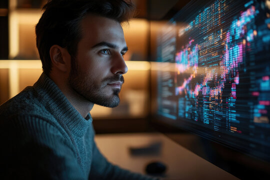 A focused programmer intently reviewing lines of code on a large computer monitor, illuminated in vibrant hues.