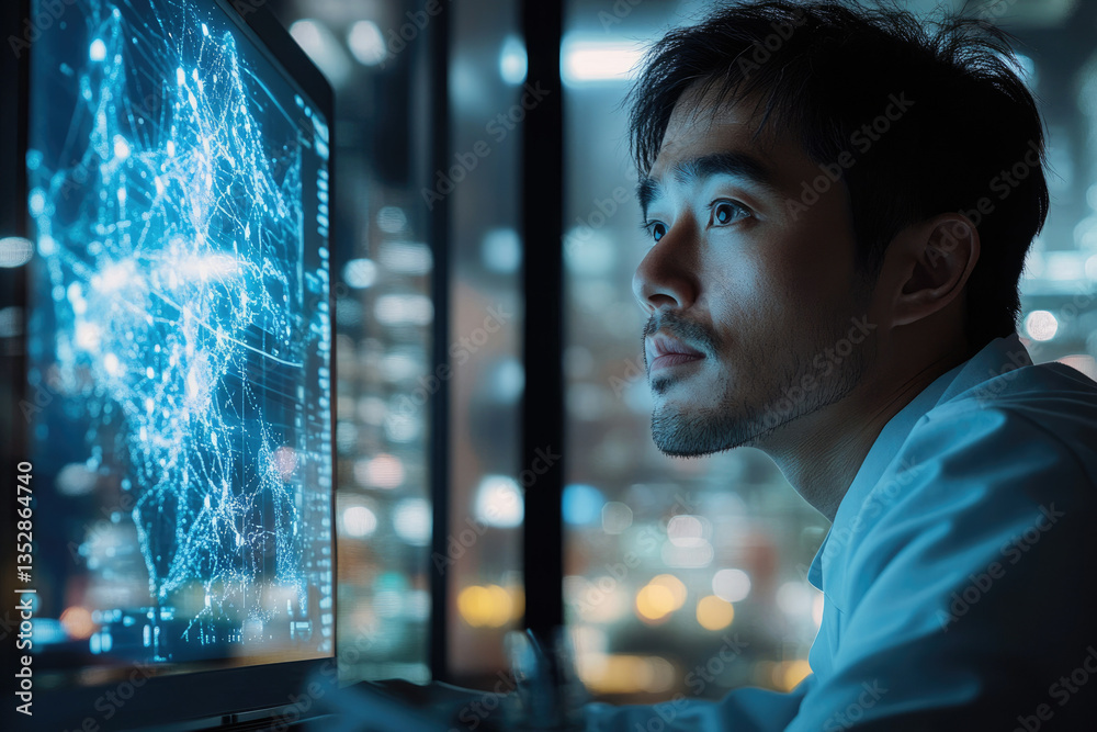 Poster A focused programmer analyzes complex data visualizations on a large computer screen, illuminated by city lights.