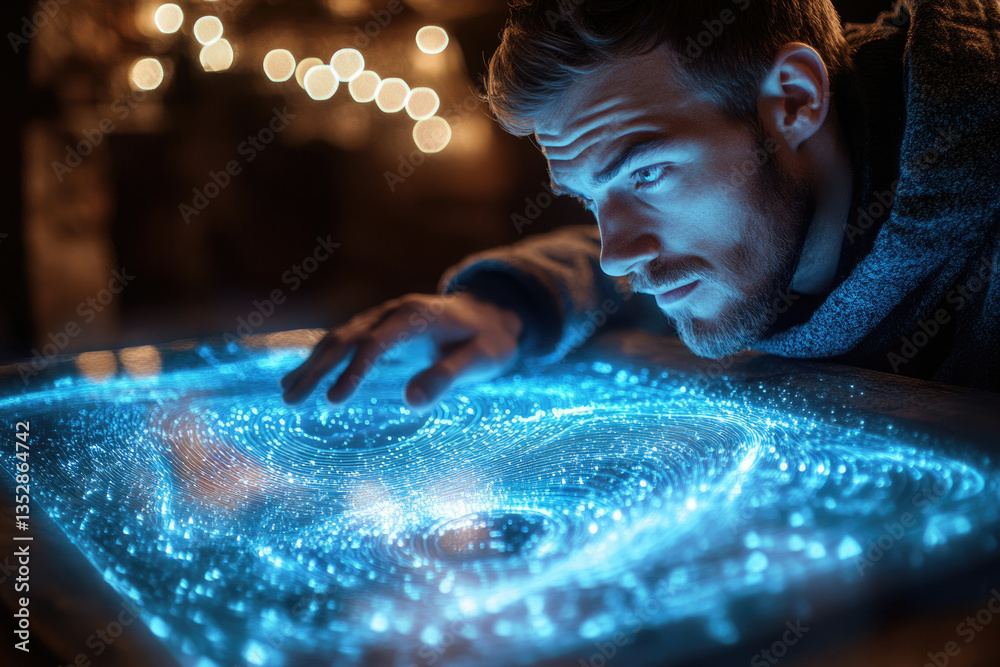 Poster A man intently interacts with a glowing, interactive digital display showcasing intricate data patterns.