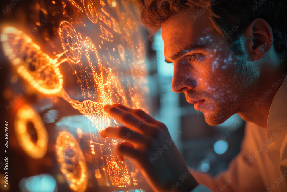 Aufkleber A man interacts with a futuristic holographic interface, exploring complex data visualizations.