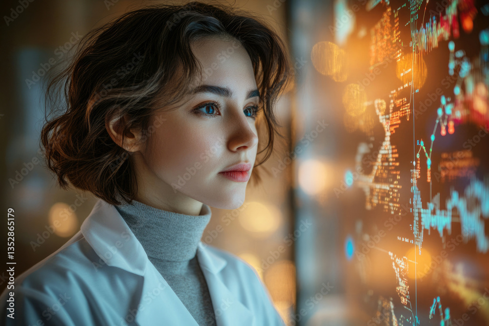 Poster a young female scientist, focused on a large screen displaying complex data visualizations.