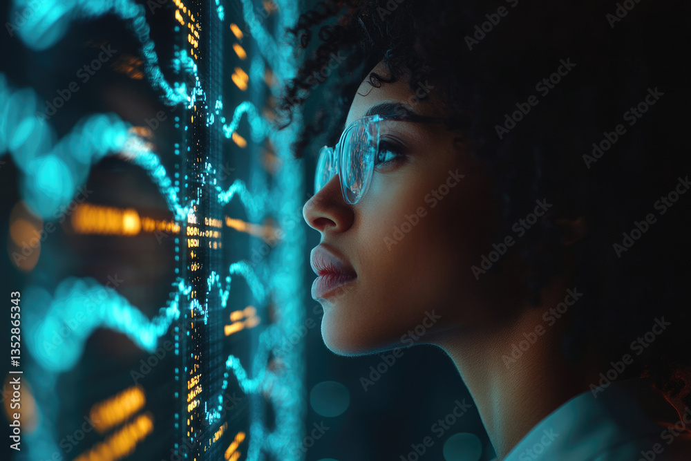 Poster A woman intently studies a screen displaying dynamic data streams, illuminated by vibrant blue and gold hues.