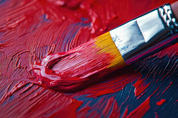 Fototapeta premium A paintbrush loaded with vibrant red paint creates dynamic strokes on a dark canvas.