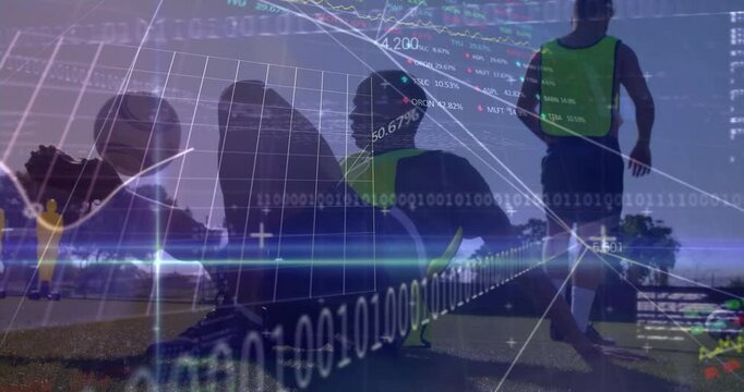 Athletes training with financial data and binary code animation overlay - Powered by Adobe