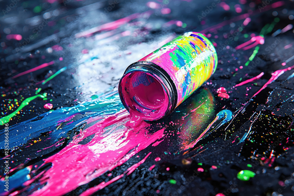 Aufkleber vibrant pink paint spills from a colorful container onto a dark surface, creating an abstract art ex