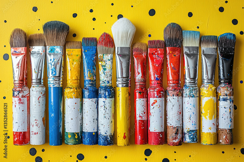 Poster a row of colorful paintbrushes with dried paint, arranged on a yellow background.