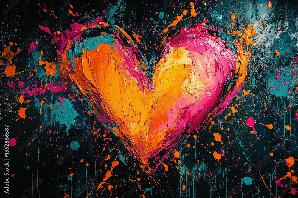 Poster vibrant abstract heart painting with colorful splashes and textured strokes.