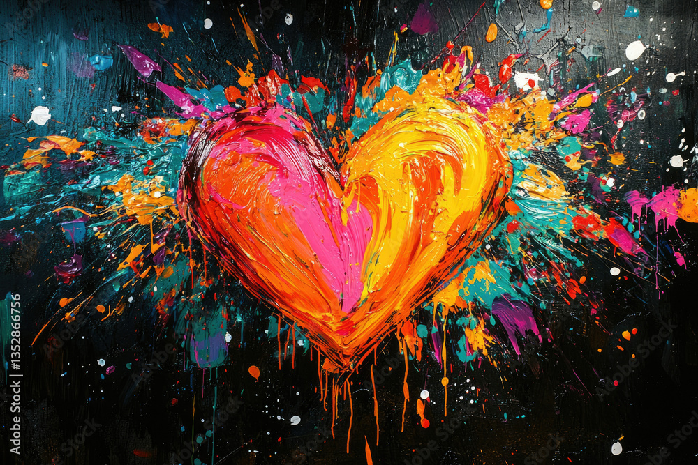 Poster An abstract painting of a vibrant heart exploding with colorful splashes on a dark background.