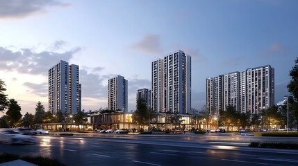 Fototapeta premium Contemporary home featuring curved architecture and illuminated facade high resolution picture