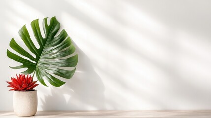 Obraz premium A striking arrangement of a large green leaf next to a vibrant potted plant atop a serene table, conveying a fresh and peaceful atmosphere perfect for modern decor.