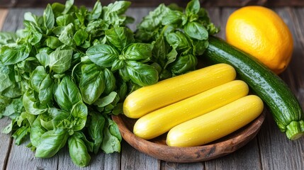 Fresh zucchini, yellow squash and basil on rustic wood surface, close up