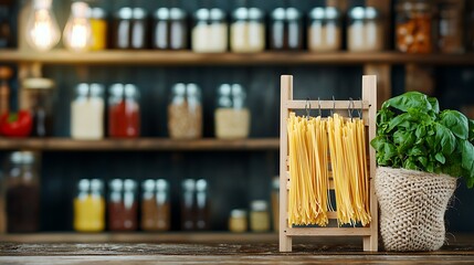 Kitchen scene with pasta hanging, basil in jute bag, with spices and jars in background