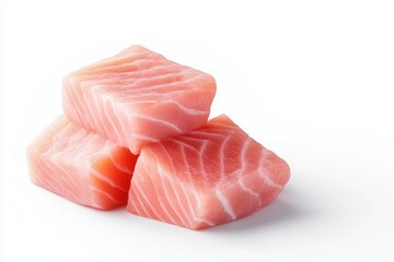 Fresh, raw fish cubes, stacked.  A close-up of three succulent, pink, raw fish cubes, arranged in a stack on a plain white background. The cubes exhibit the characteristic markings of fish flesh
