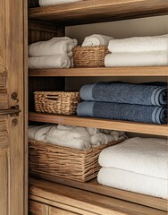 Neatly Folded White and Blue Towels in Wicker Baskets Inside Wooden Wardrobe, Beige Scheme