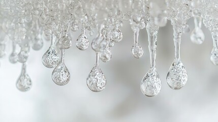 Frozen drops hang.  Melting, glistening water.  White background