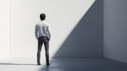 Fototapeta premium Businessman Contemplating in White Room with Light and Shadow.