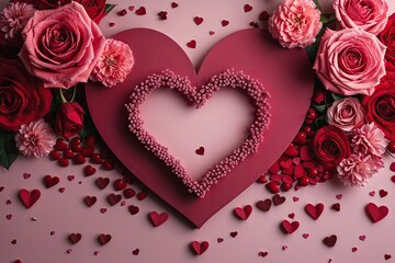 Romantic Heart Silhouette Abstract Background with Soft Pink Rose and Dark Red for Valentine's Day