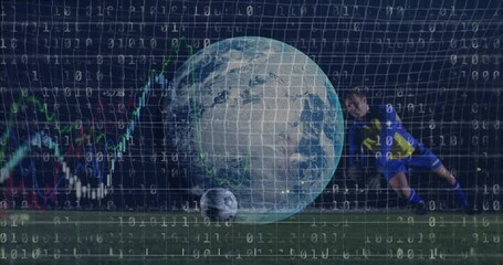 Goalkeeper saving soccer ball with earth and data processing animation overlay - Powered by Adobe