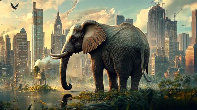 Elephant in New York City skyline, surreal urban jungle, sunrise, artistic image, stock photo