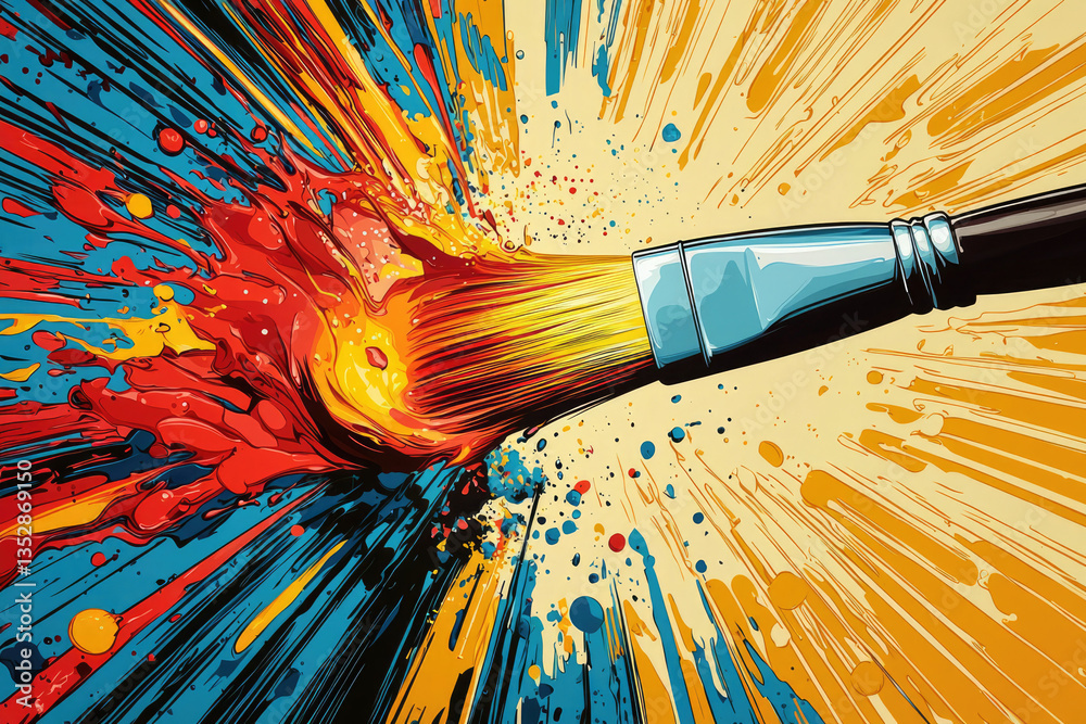 Poster A paintbrush explodes with vibrant colors, creating a dynamic and energetic burst of artistic expression.