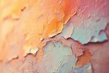 Fototapeta premium Close-up of peeling paint reveals textured surface with orange and blue hues.